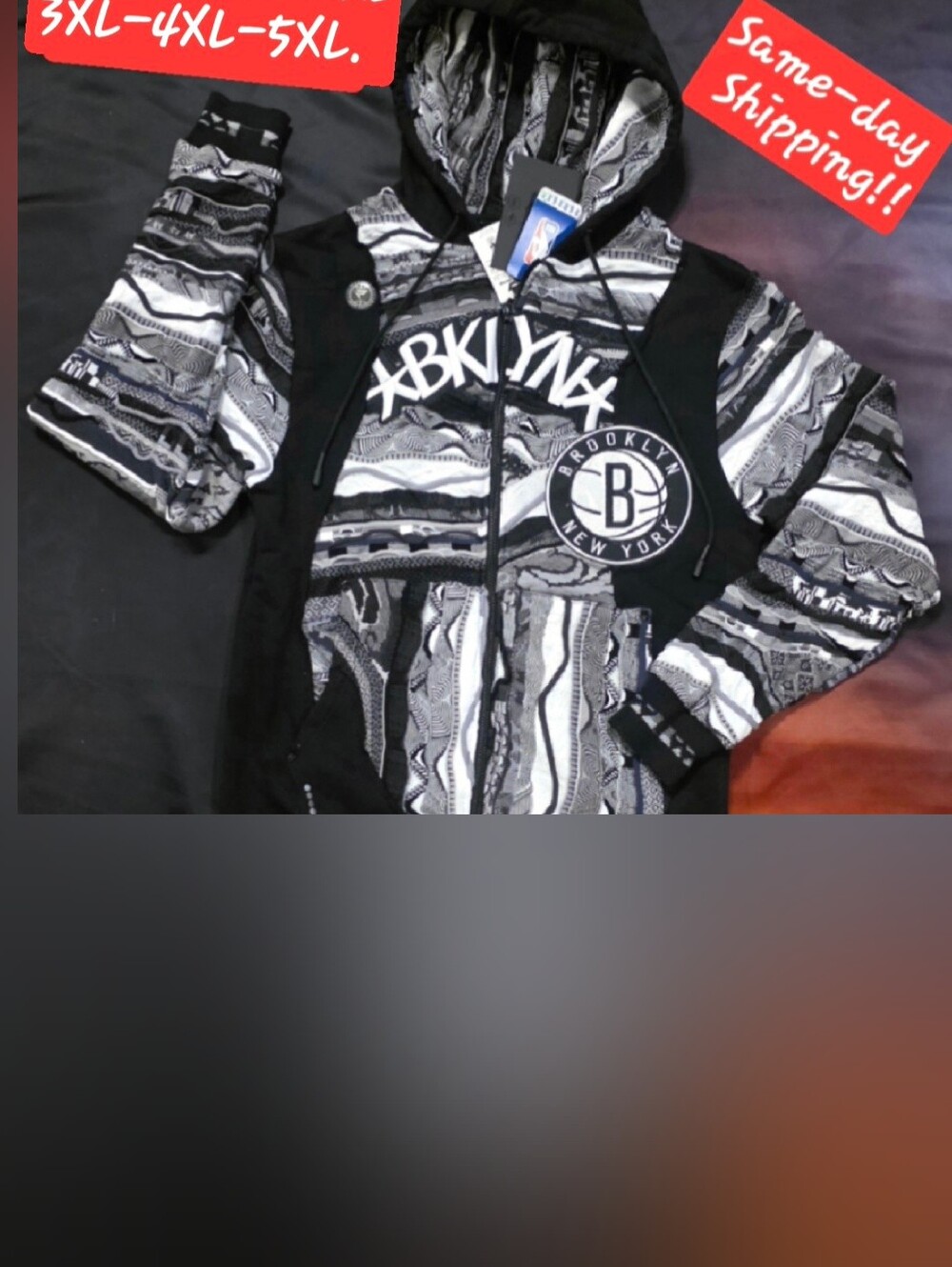COOGI BROOKLYN NETS Black and White Graphic Zip Hoodie, Multiple Sizes